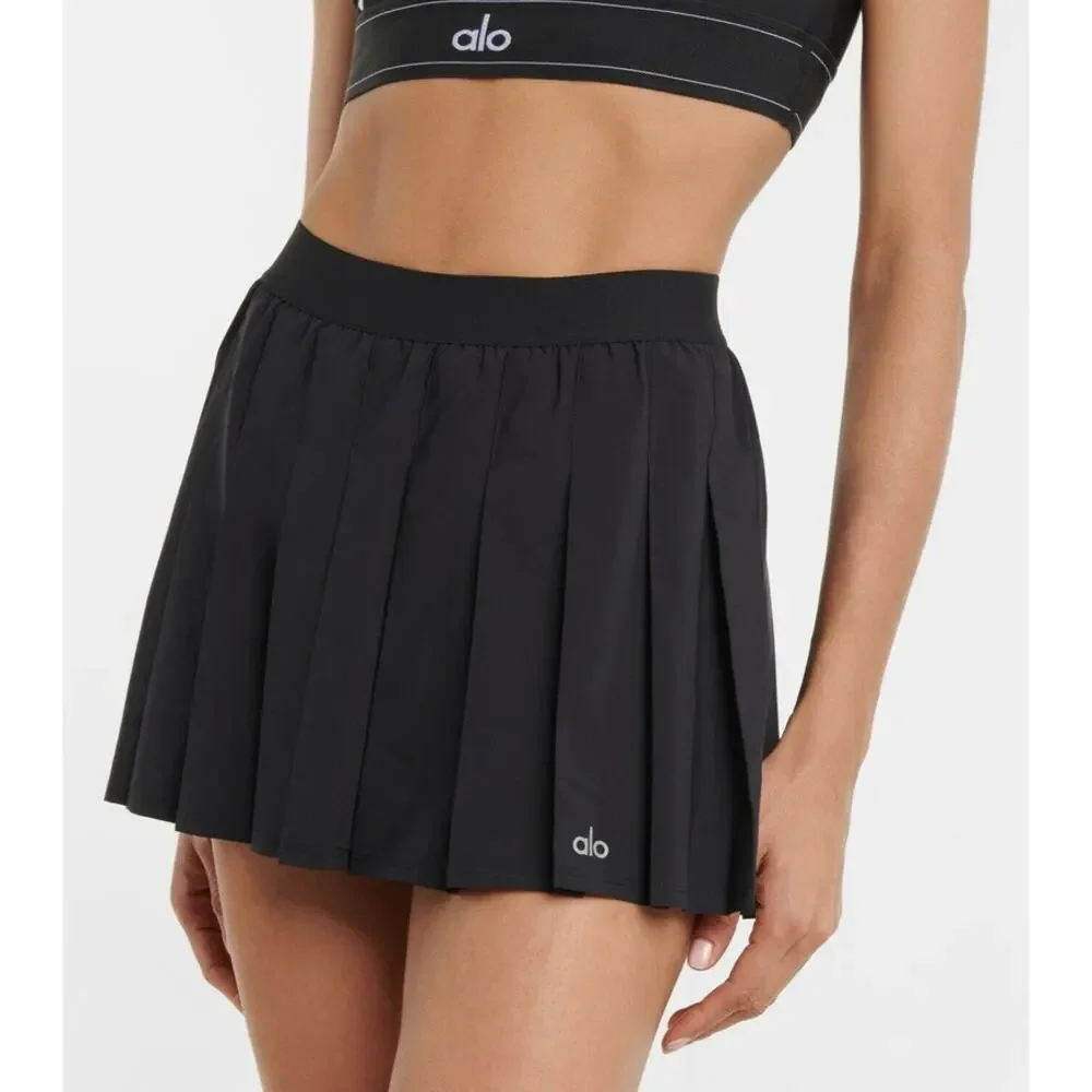 Alo Yoga Varsity Tennis Skirt Small Black Pleated Athletic Preppy Sporty Active